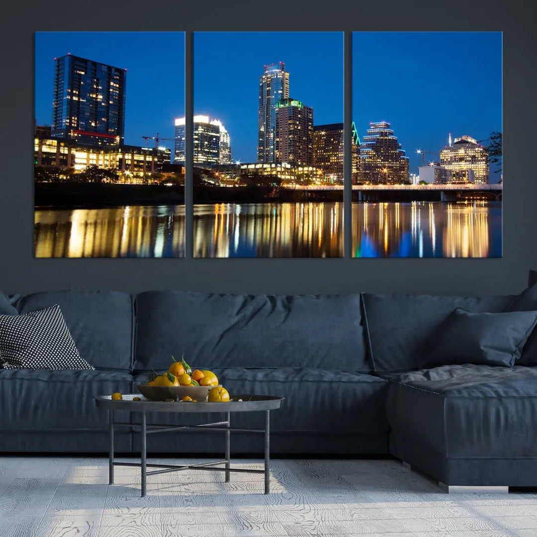 Austin City Cityscape Night Blue Skyline Large Wall Art Canvas Print