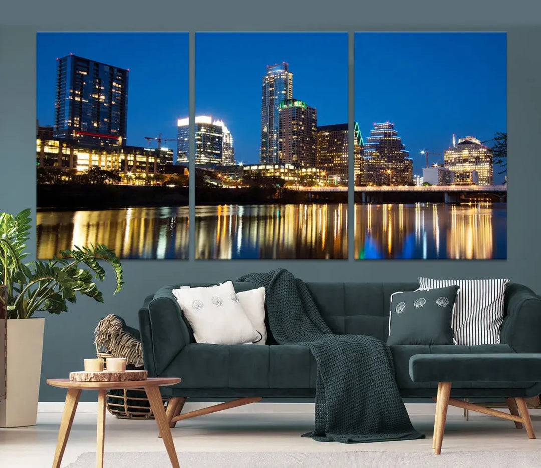 Austin City Cityscape Night Blue Skyline Large Wall Art Canvas Print