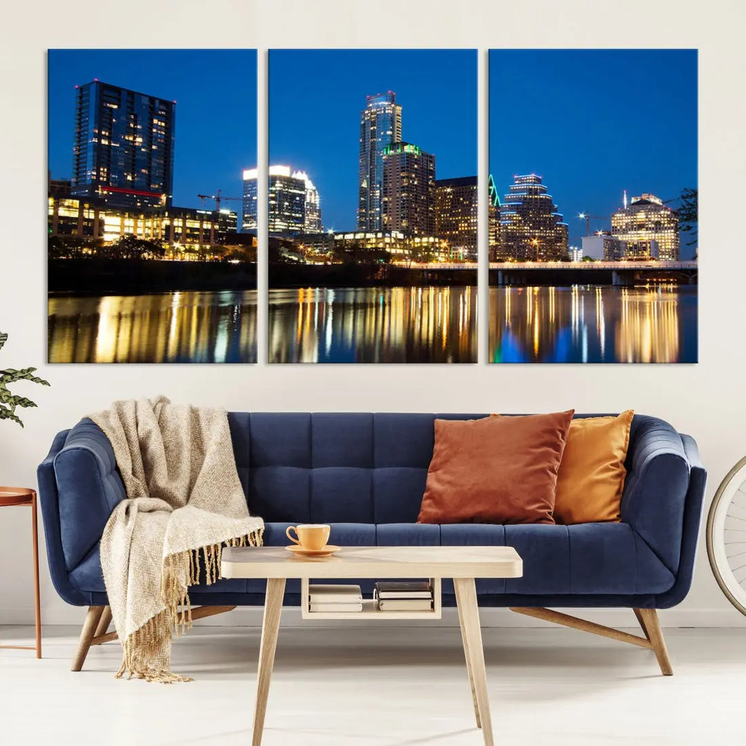 Austin City Cityscape Night Blue Skyline Large Wall Art Canvas Print