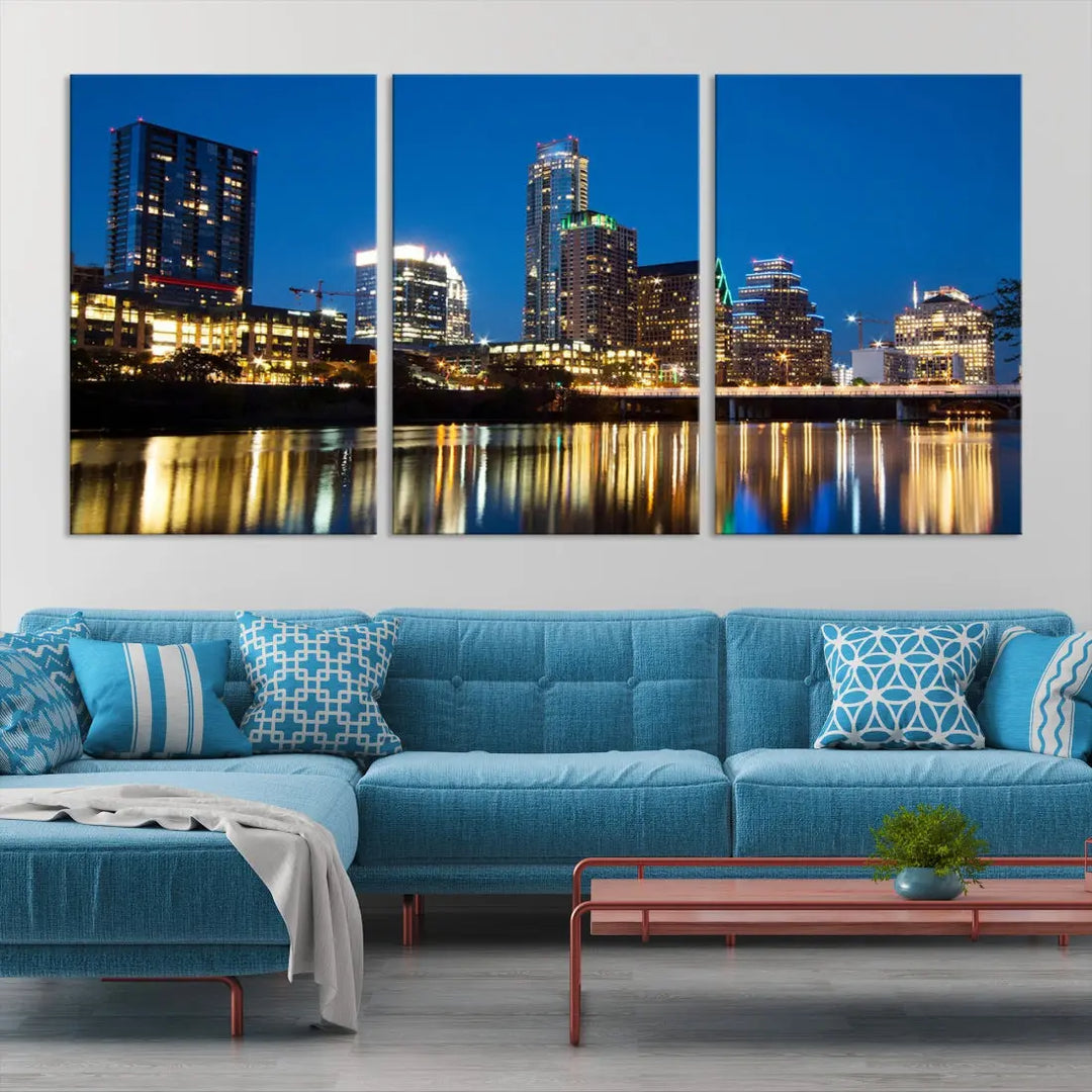 Austin City Cityscape Night Blue Skyline Large Wall Art Canvas Print