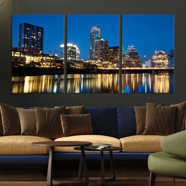 Austin City Cityscape Night Blue Skyline Large Wall Art Canvas Print