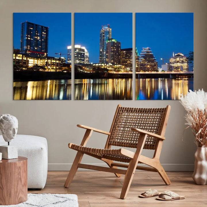 Austin City Cityscape Night Blue Skyline Large Wall Art Canvas Print