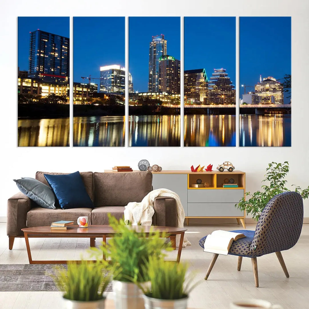 Austin City Cityscape Night Blue Skyline Large Wall Art Canvas Print