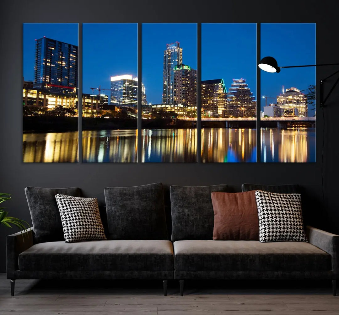 Austin City Cityscape Night Blue Skyline Large Wall Art Canvas Print