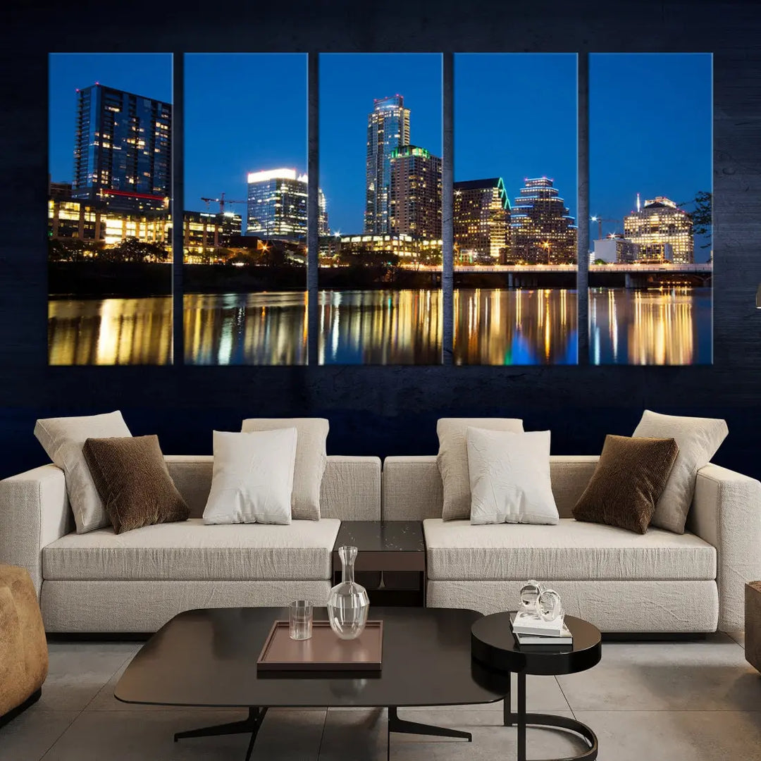 Austin City Cityscape Night Blue Skyline Large Wall Art Canvas Print