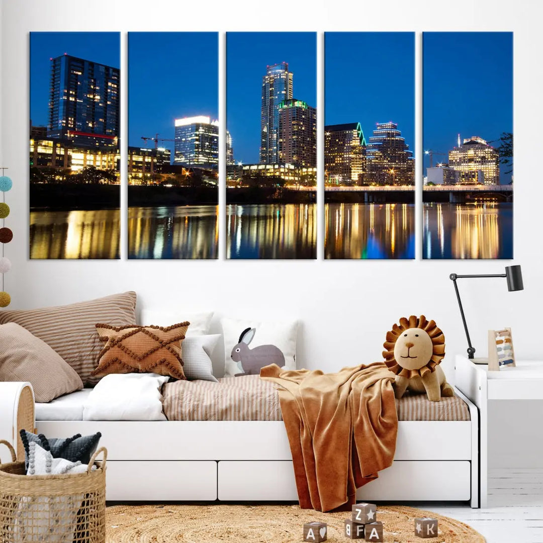 Austin City Cityscape Night Blue Skyline Large Wall Art Canvas Print