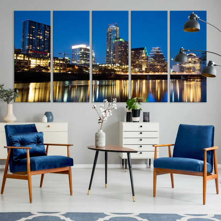 Austin City Cityscape Night Blue Skyline Large Wall Art Canvas Print