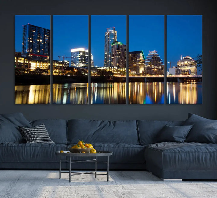 Austin City Cityscape Night Blue Skyline Large Wall Art Canvas Print