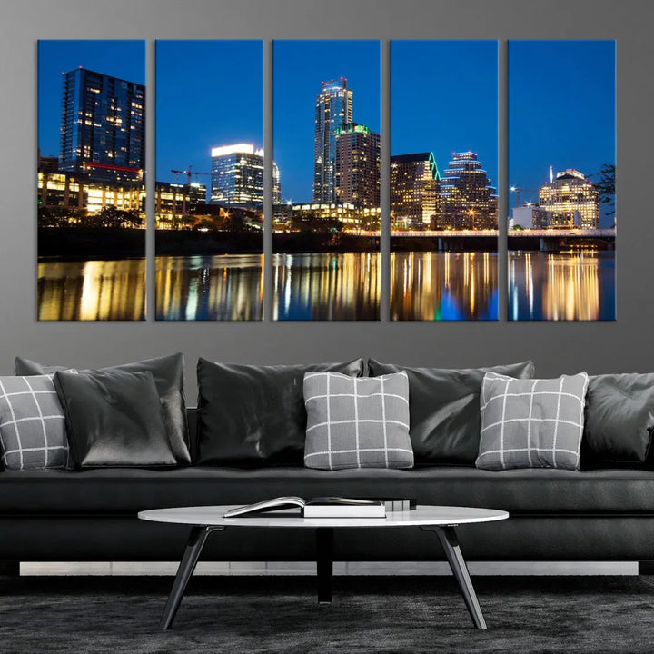 Austin City Cityscape Night Blue Skyline Large Wall Art Canvas Print