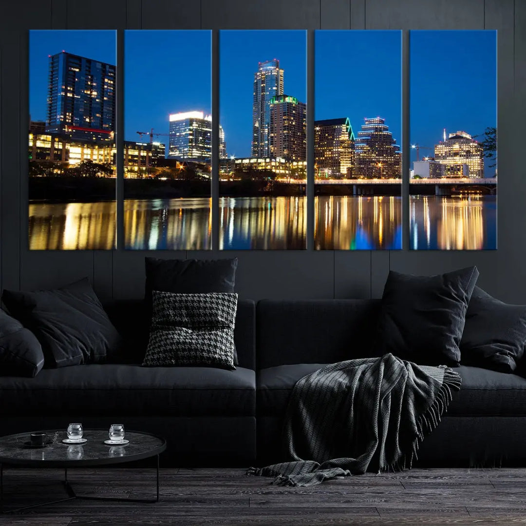 Austin City Cityscape Night Blue Skyline Large Wall Art Canvas Print