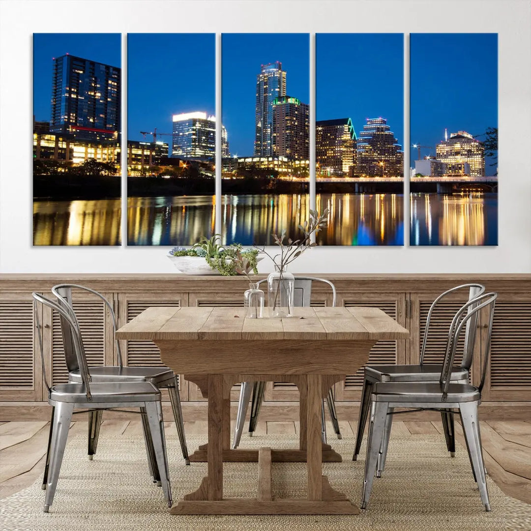 Austin City Cityscape Night Blue Skyline Large Wall Art Canvas Print