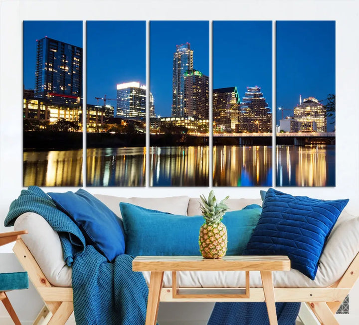 Austin City Cityscape Night Blue Skyline Large Wall Art Canvas Print