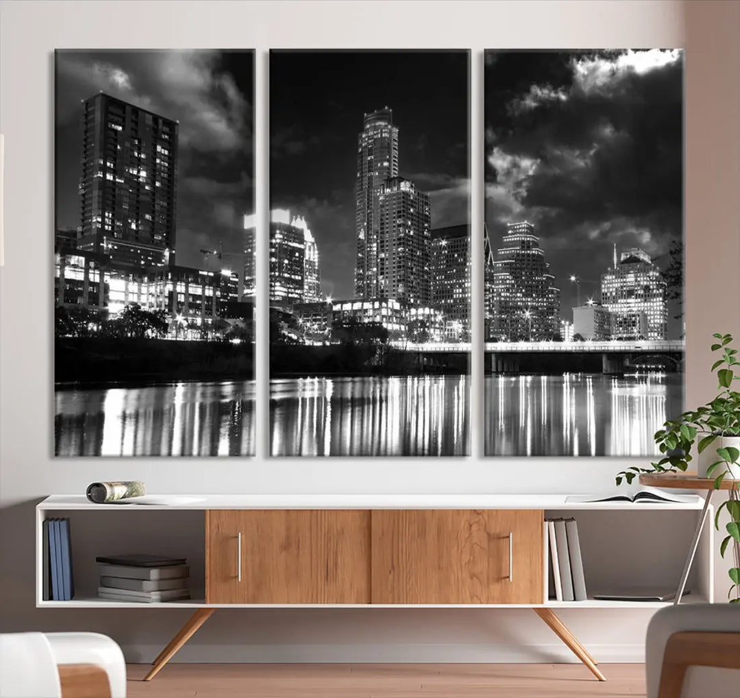 Austin City Lights Black and White Skyline Canvas Wall Art Large Cityscape Print