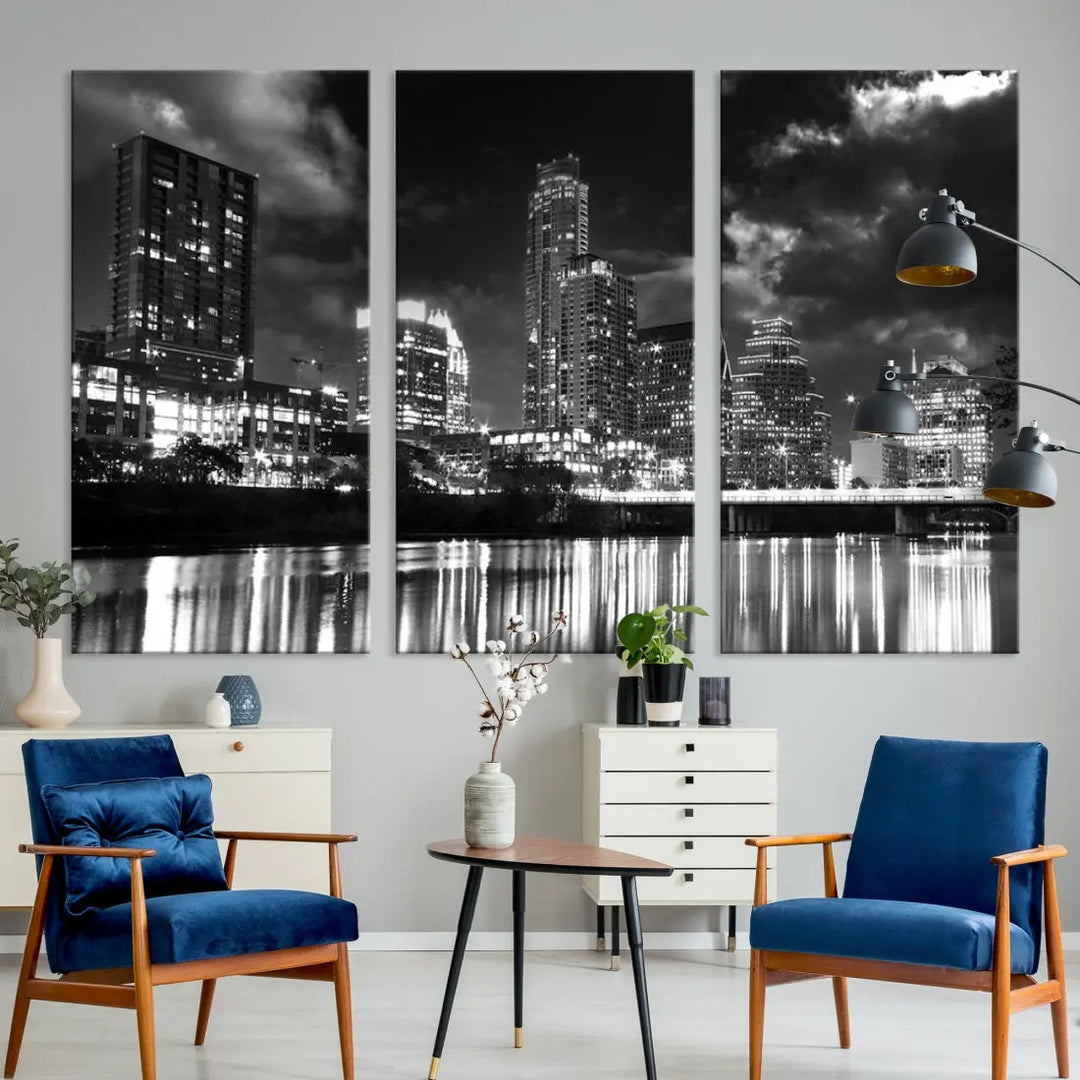 Austin City Lights Black and White Skyline Canvas Wall Art Large Cityscape Print