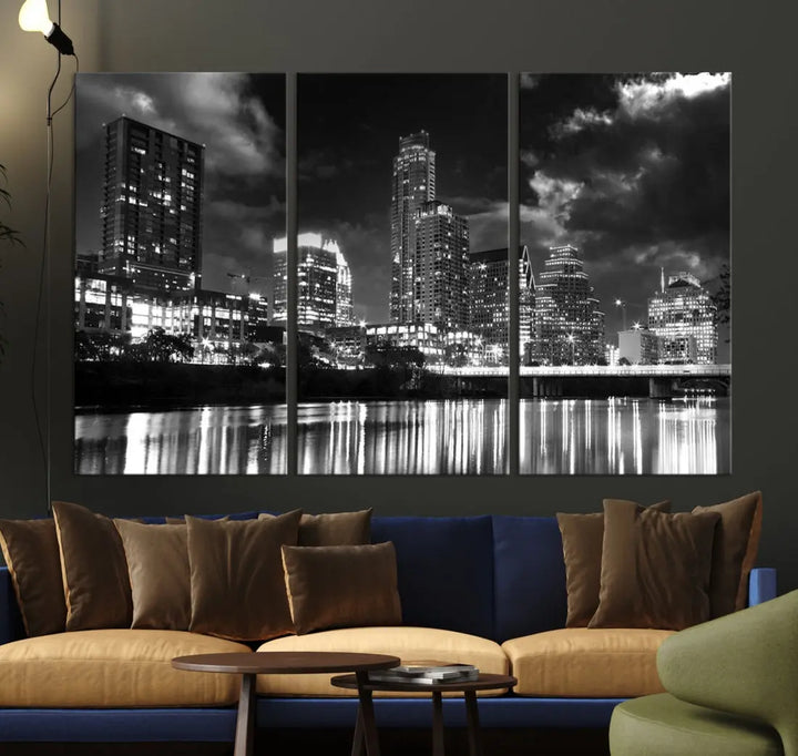 Austin City Lights Black and White Skyline Canvas Wall Art Large Cityscape Print