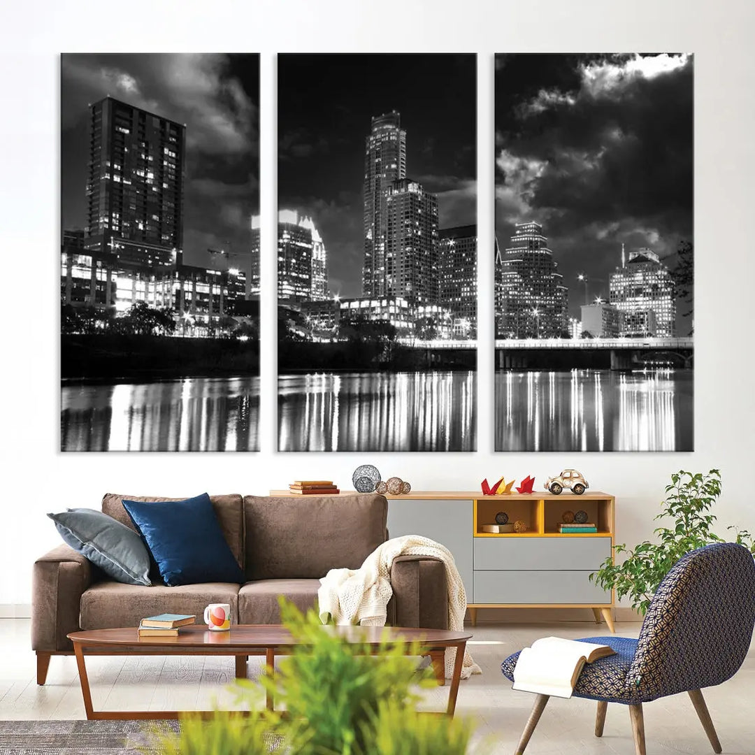 Austin City Lights Black and White Skyline Canvas Wall Art Large Cityscape Print