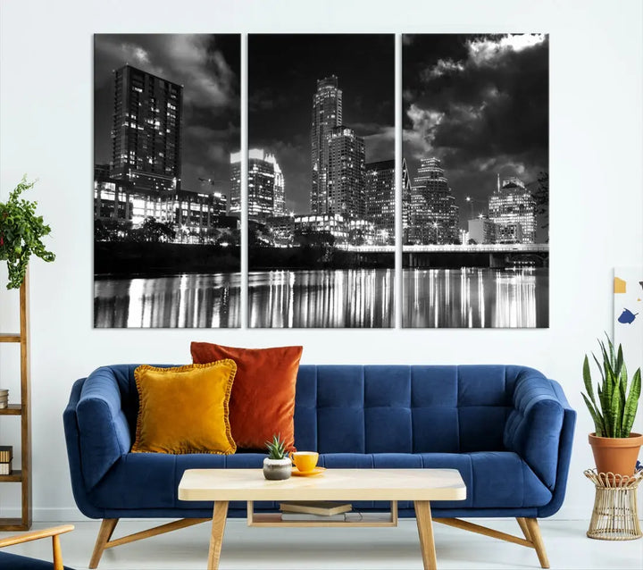 Austin City Lights Black and White Skyline Canvas Wall Art Large Cityscape Print