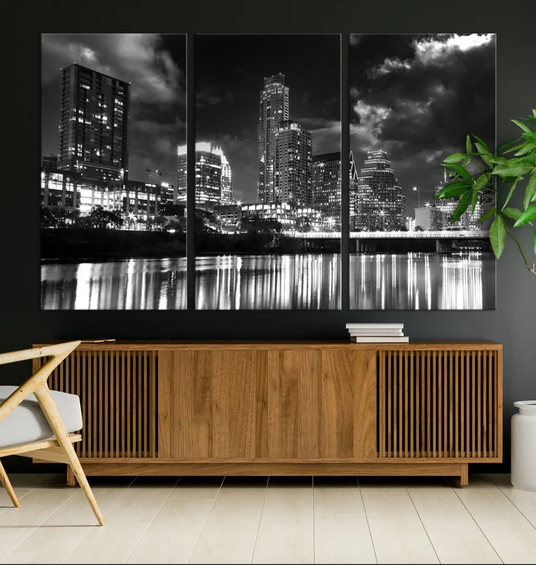 Austin City Lights Black and White Skyline Canvas Wall Art Large Cityscape Print