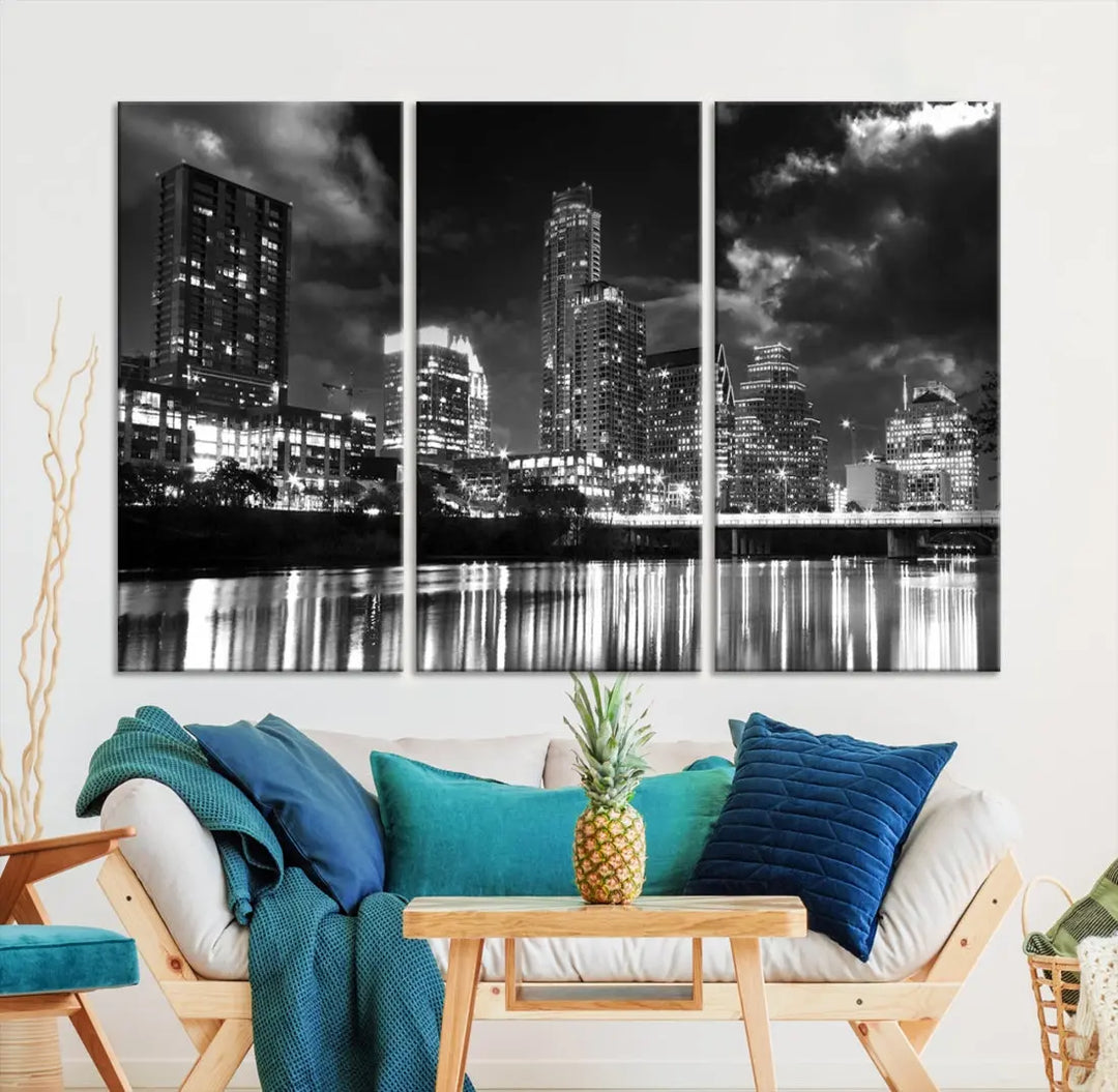 Austin City Lights Black and White Skyline Canvas Wall Art Large Cityscape Print