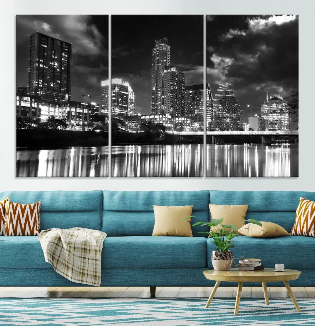 Austin City Lights Black and White Skyline Canvas Wall Art Large Cityscape Print