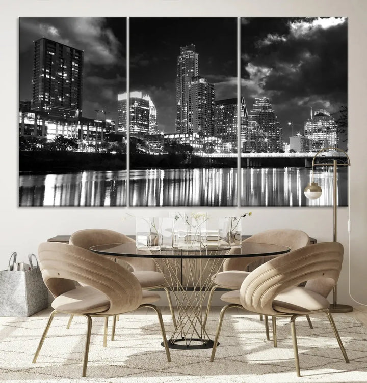 Austin City Lights Black and White Skyline Canvas Wall Art Large Cityscape Print