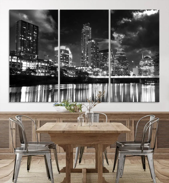 Austin City Lights Black and White Skyline Canvas Wall Art Large Cityscape Print