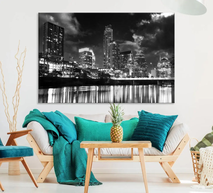 Austin City Lights Black and White Skyline Canvas Wall Art Large Cityscape Print