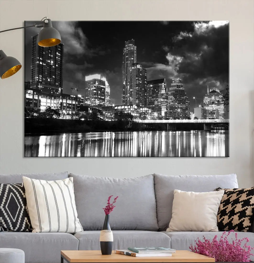 Austin City Lights Black and White Skyline Canvas Wall Art Large Cityscape Print