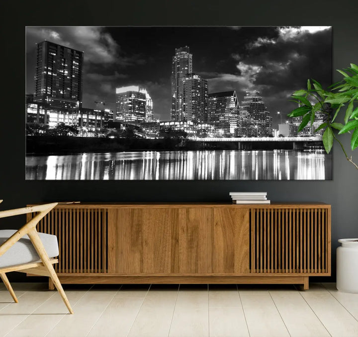 Austin City Lights Black and White Skyline Canvas Wall Art Large Cityscape Print