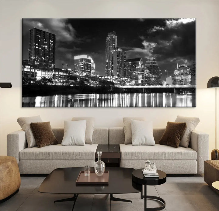 Austin City Lights Black and White Skyline Canvas Wall Art Large Cityscape Print