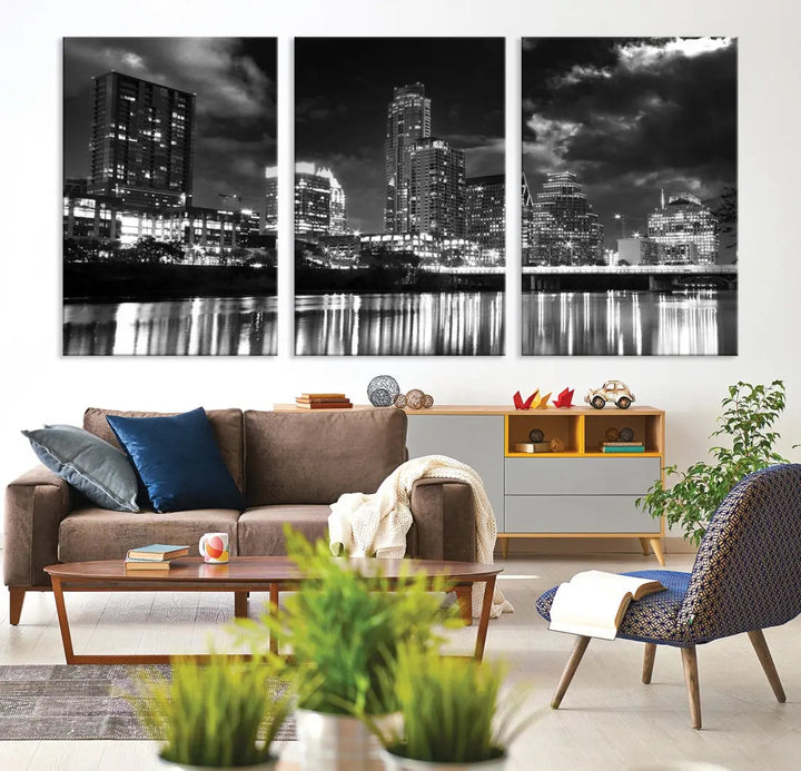 Austin City Lights Black and White Skyline Canvas Wall Art Large Cityscape Print