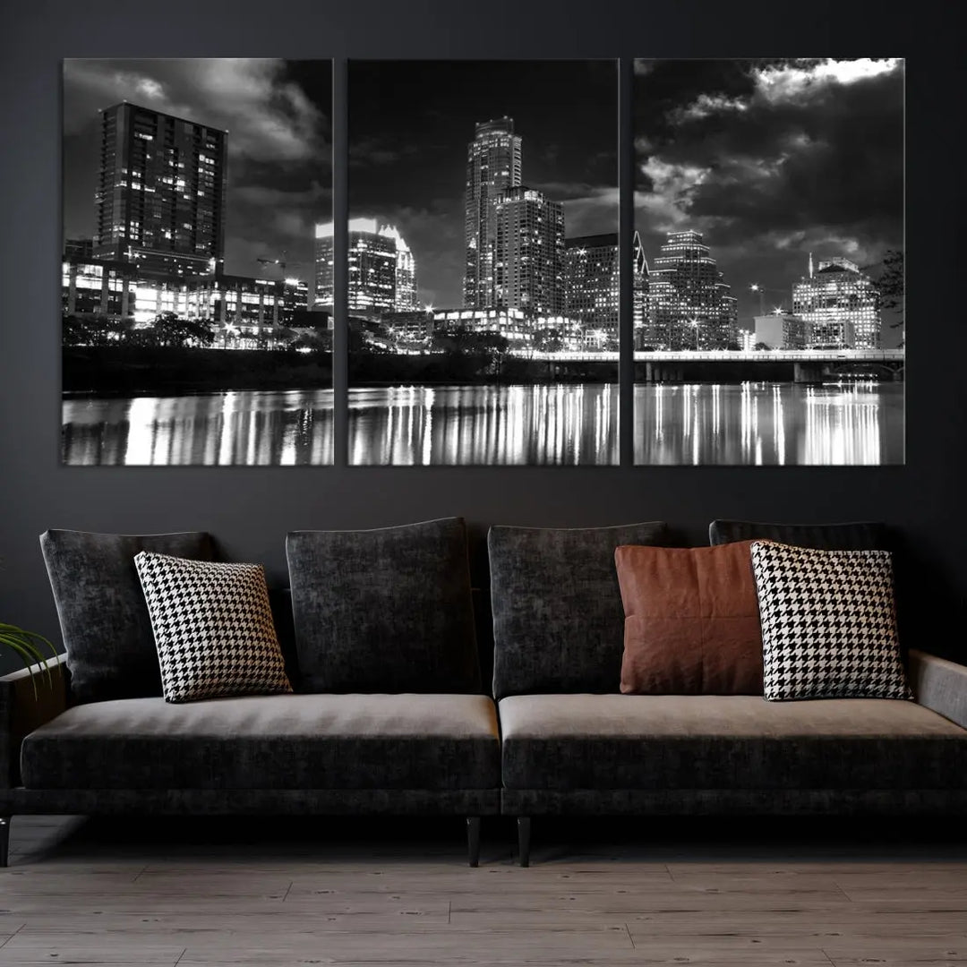 Austin City Lights Black and White Skyline Canvas Wall Art Large Cityscape Print