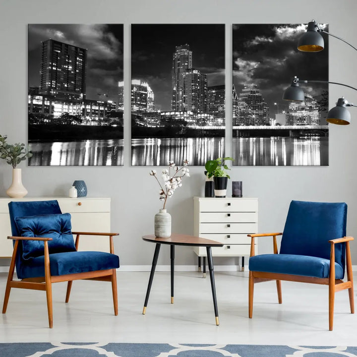 Austin City Lights Black and White Skyline Canvas Wall Art Large Cityscape Print