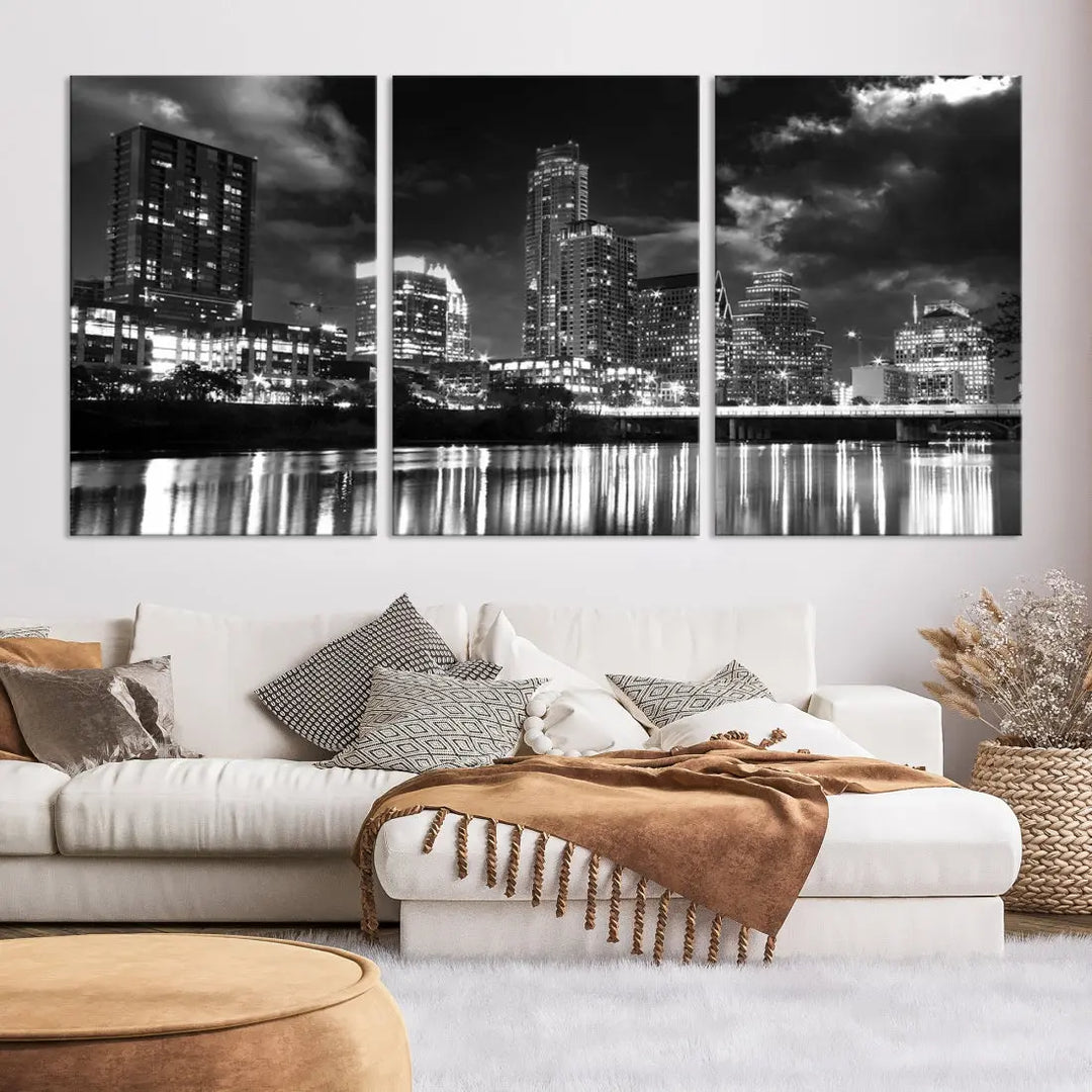 Austin City Lights Black and White Skyline Canvas Wall Art Large Cityscape Print