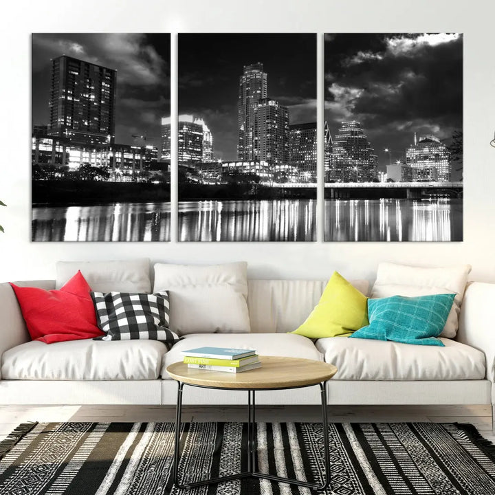 Austin City Lights Black and White Skyline Canvas Wall Art Large Cityscape Print