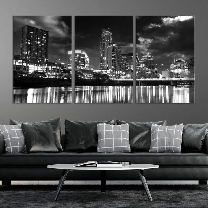 Austin City Lights Black and White Skyline Canvas Wall Art Large Cityscape Print