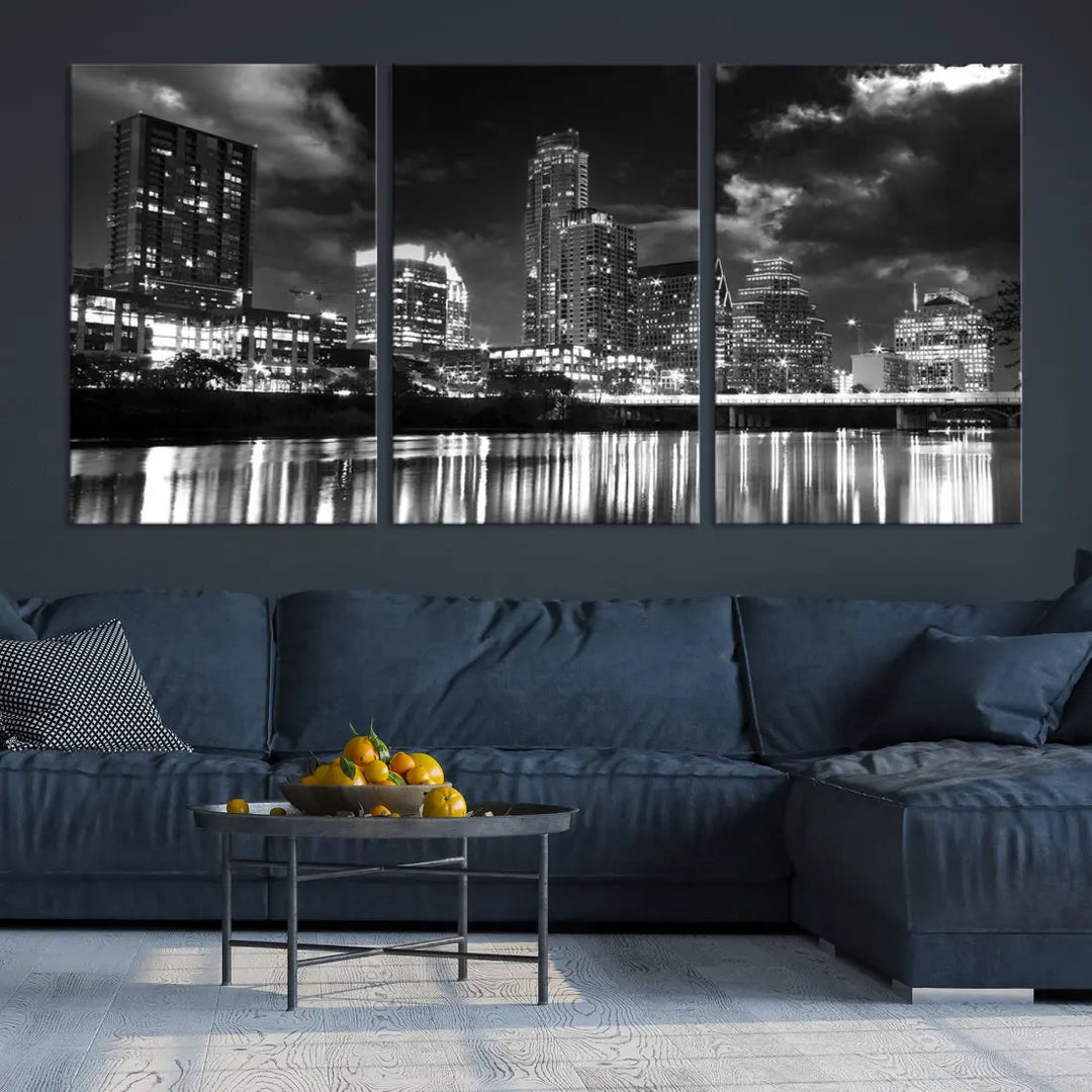 Austin City Lights Black and White Skyline Canvas Wall Art Large Cityscape Print