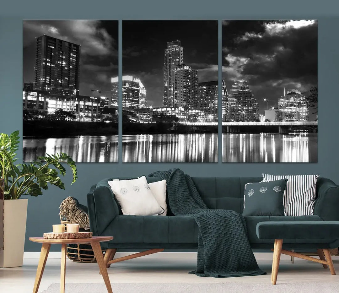 Austin City Lights Black and White Skyline Canvas Wall Art Large Cityscape Print