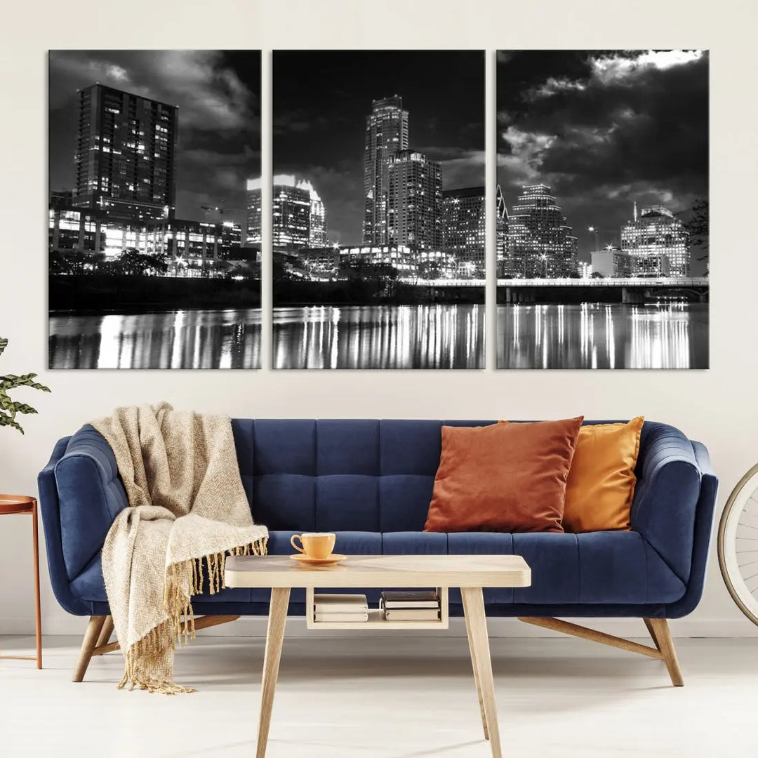 Austin City Lights Black and White Skyline Canvas Wall Art Large Cityscape Print