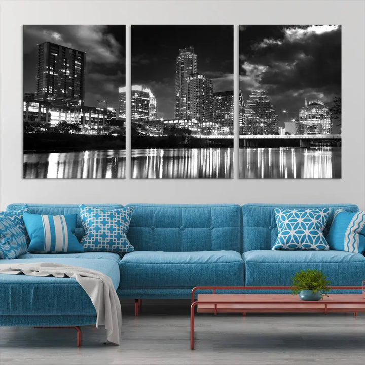 Austin City Lights Black and White Skyline Canvas Wall Art Large Cityscape Print