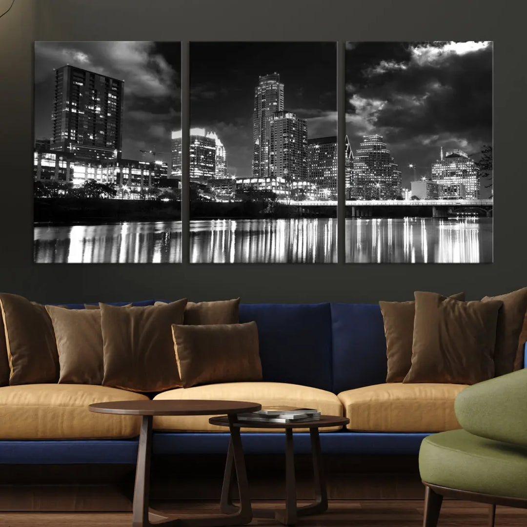 Austin City Lights Black and White Skyline Canvas Wall Art Large Cityscape Print