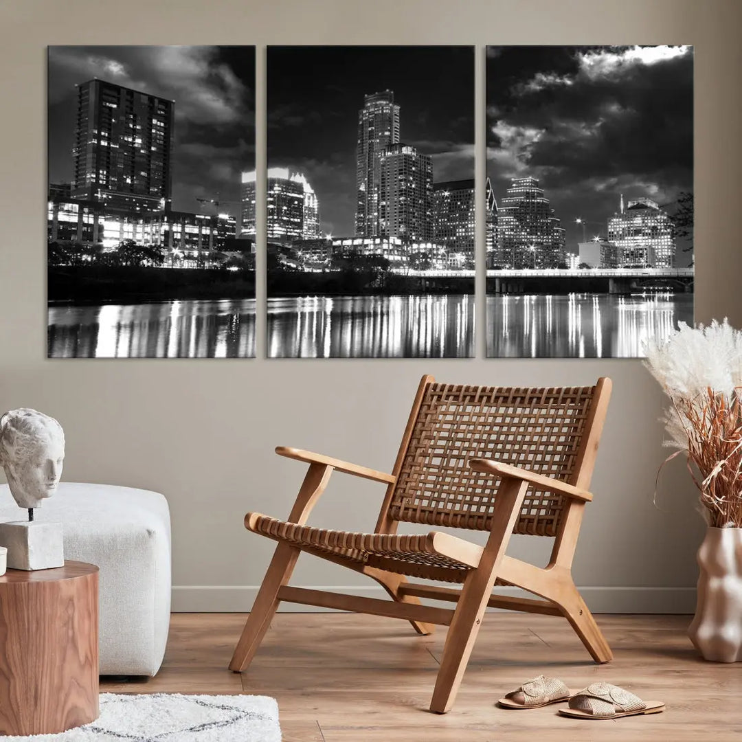 Austin City Lights Black and White Skyline Canvas Wall Art Large Cityscape Print