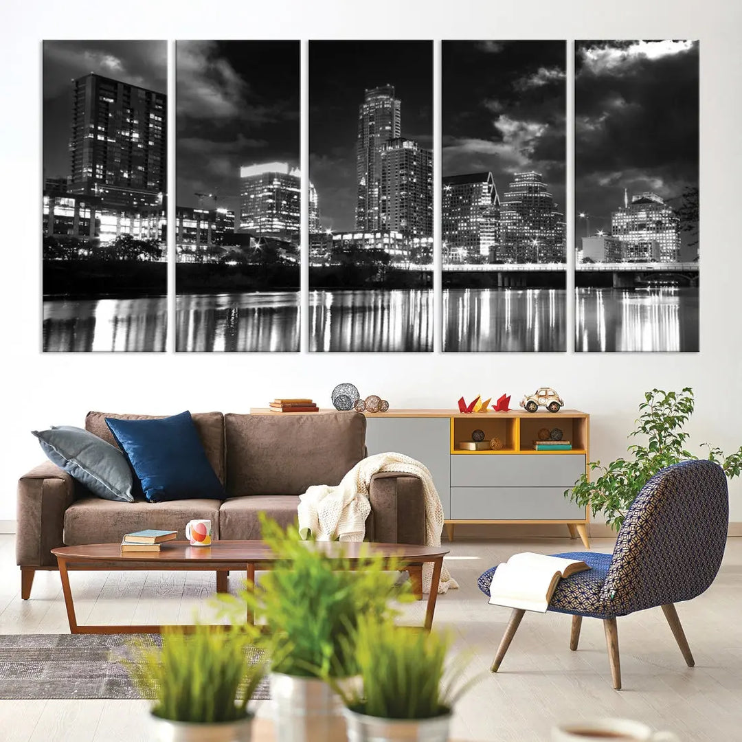 Austin City Lights Black and White Skyline Canvas Wall Art Large Cityscape Print