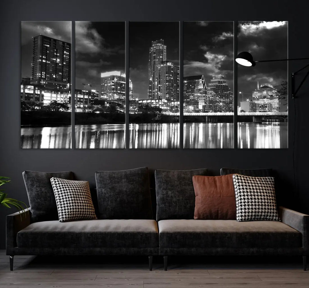 Austin City Lights Black and White Skyline Canvas Wall Art Large Cityscape Print