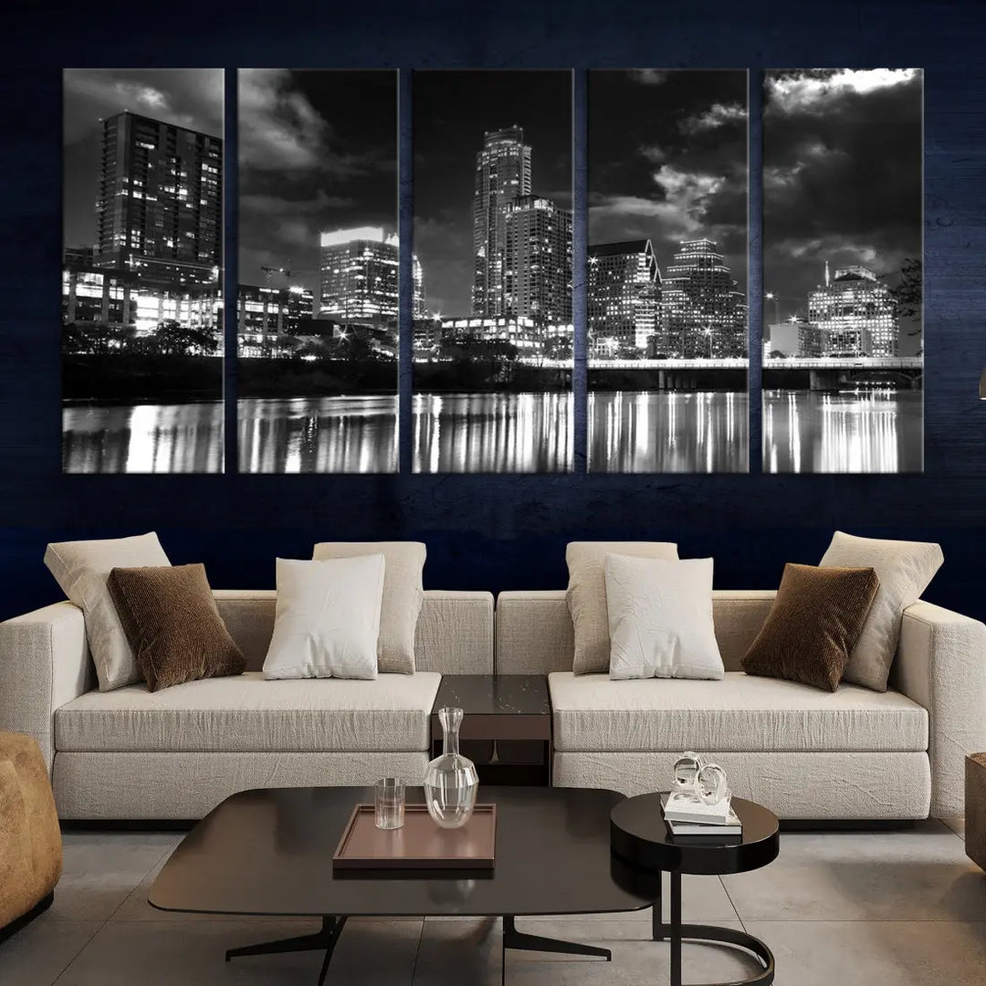 Austin City Lights Black and White Skyline Canvas Wall Art Large Cityscape Print