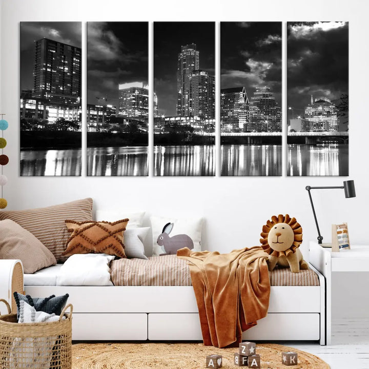 Austin City Lights Black and White Skyline Canvas Wall Art Large Cityscape Print