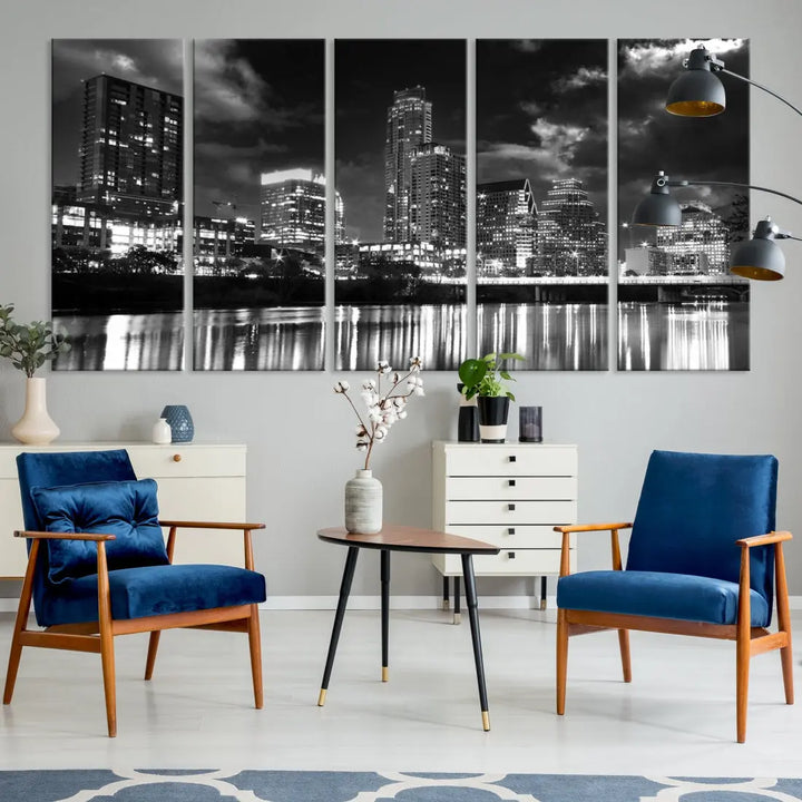 Austin City Lights Black and White Skyline Canvas Wall Art Large Cityscape Print