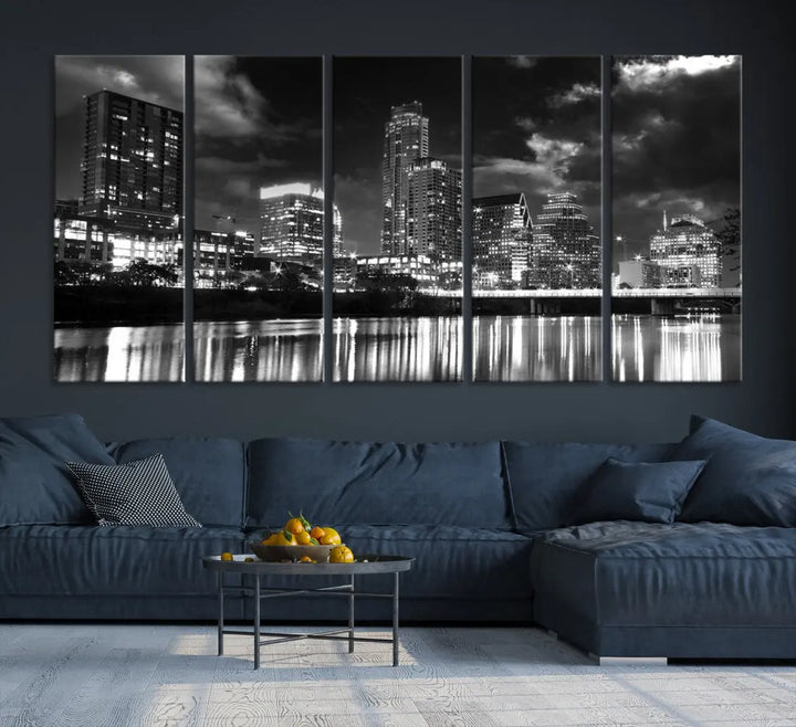 Austin City Lights Black and White Skyline Canvas Wall Art Large Cityscape Print