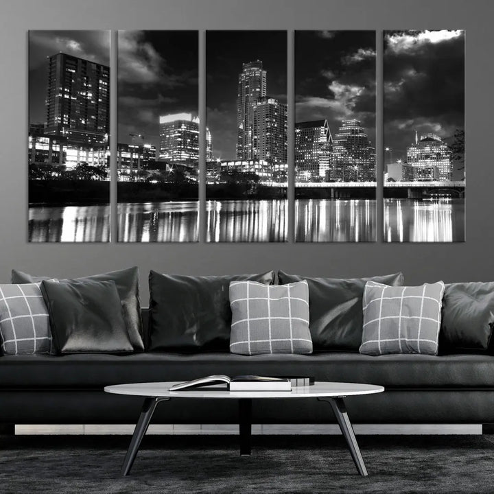 Austin City Lights Black and White Skyline Canvas Wall Art Large Cityscape Print