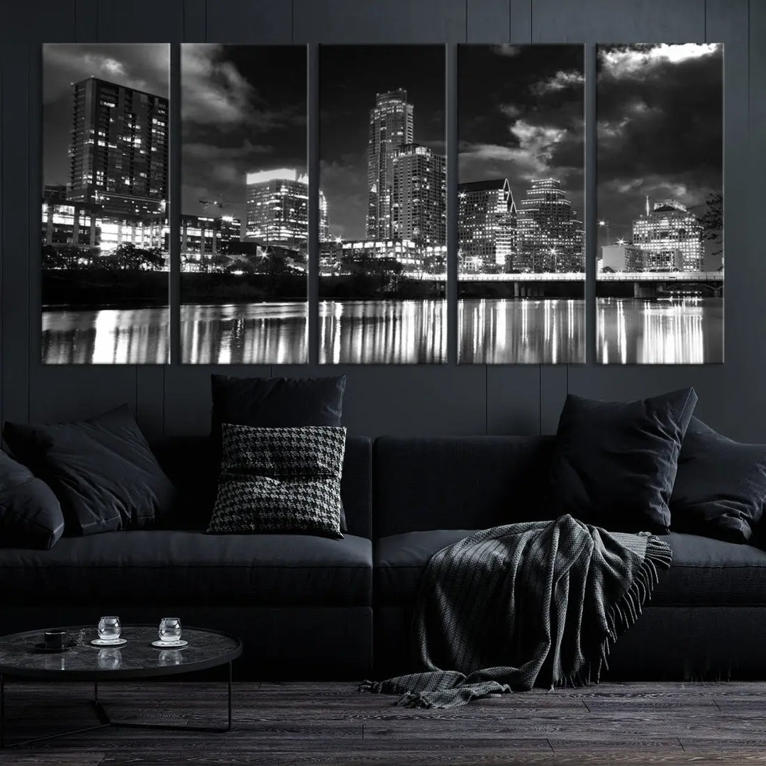 Austin City Lights Black and White Skyline Canvas Wall Art Large Cityscape Print